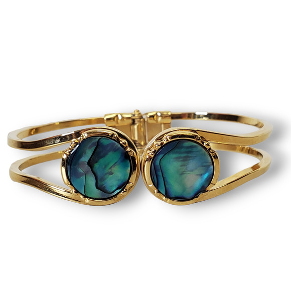 Zara Jewelry - ZARA Iridescent Green Blue Cuff Bracelet Gold Tone Adjustable Turquoise Costume
